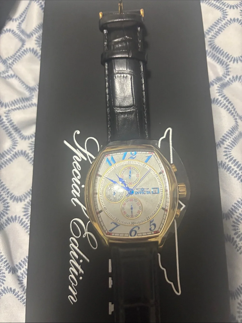 Invicta Gold Tone Chronograph Watch with Black, Brown and Blue Straps